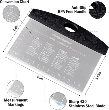 Ourokhome Dough Pastry Bench Cutter Scraper, Stainless Steel Pizza Cutter for Kitchen Baking, Dishwasher Safe, Anti-Wear Laser-Engraved Measuring Scale and Conversion Chart, 2 Pack, Black