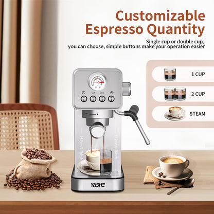 YASHE Espresso Machines 20 Bar, Upgraded 1350W Espresso Maker with Milk Frother Steam Wand and 37.2oz Removable Water Tank, Semi-Automatic Steam Espresso Coffee Maker, Cappuccino Machine for Home