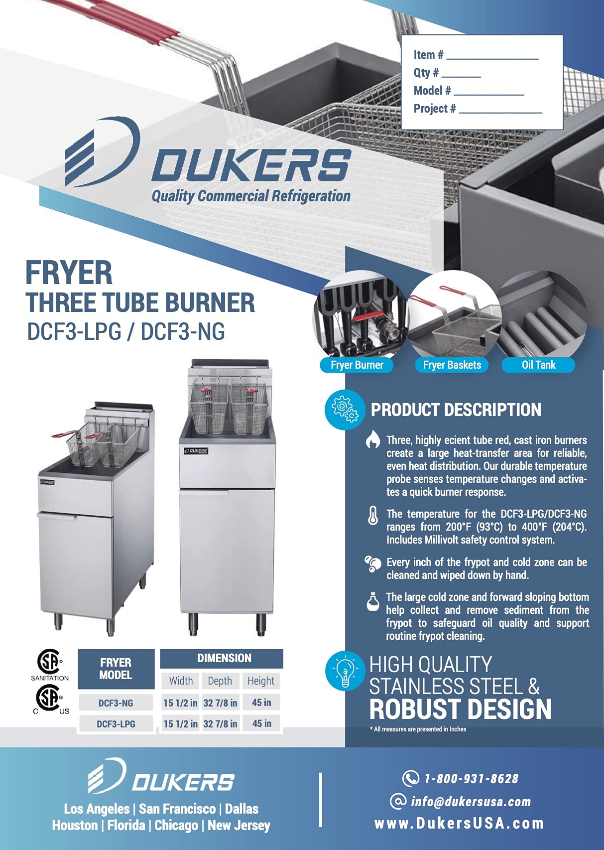 Dukers DCF4-LPG Liquid Propane Gas Commercial Floor Deep Fryer with 4 Tubes Burners 50lb 120,000 BTU