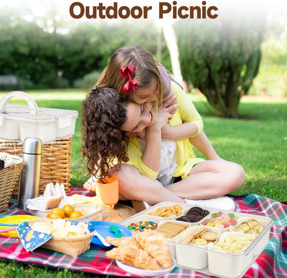 Snackle Box Container, 3rd Gen Vegetable Tray with Lid, Divided Serving Tray with Lid and Handle, 8 Compartment Veggie Platter, Snack Box Container, Food Organizer for Nuts, Candy, Fruits