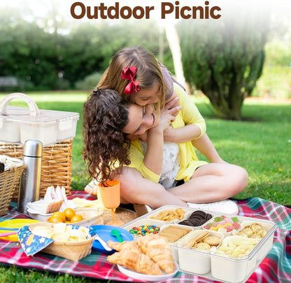 Snackle Box Container, 3rd Gen Vegetable Tray with Lid, Divided Serving Tray with Lid and Handle, 8 Compartment Veggie Platter, Snack Box Container, Food Organizer for Nuts, Candy, Fruits