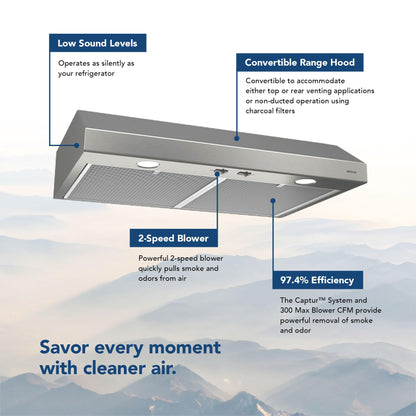 Broan-NuTone BCSD142SS Glacier 42-inch Under-Cabinet 4-Way Convertible Range Hood with 2-Speed Exhaust Fan and Light, 300 Max Blower CFM, Stainless Steel