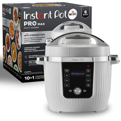 Instant Pot PRO Max Wi-Fi Smart 10-in-1 Pressure Cooker, Slow Cooker, Saute, Steamer, Warmer, Rice Cooker, Yogurt Maker, Sous Vide, Baker, NutriBoost, Includes App with 2000+ Recipes, 6 Quart