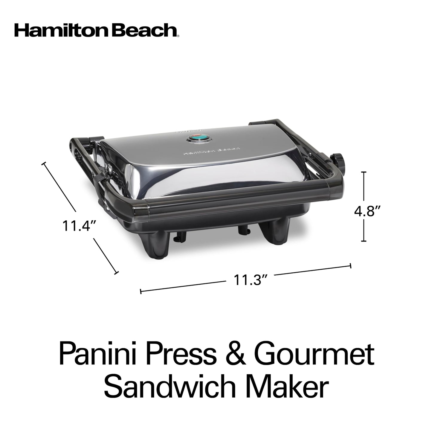 Hamilton Beach Panini Press Sandwich Maker & Electric Indoor Grill with Locking Lid, Opens 180 Degrees for any Thickness for Quesadillas, Burgers & More, Nonstick 8" x 10" Grids, Chrome (25460AG)