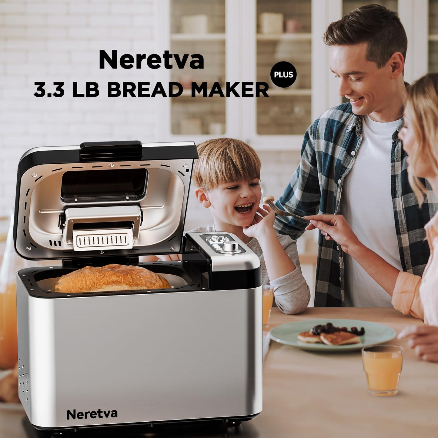 Neretva Bread Maker, 3.3LB Larger Bread Machine 15-in-1 Stainless Steel & Nonstick Ceramic Pan & Auto Nut Dispenser Breadmaker Machines Full Touch Panel with Gluten Free White Wheat Rye French Pizza