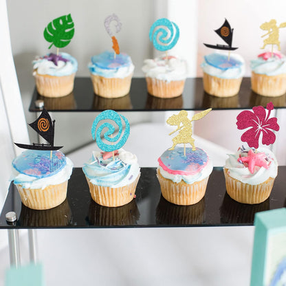 24Pcs Mo Inspired Birthday Cupcake Toppers Glitter Palm Leaf Flower Moana Cupcake Picks Hawaiian Birthday Party Decoration for Tropical Luau Summer Party Baby Shower Wedding