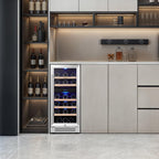 Yeego Wine Fridge Cooler - 15 Inch Dual Zone Wine Fridge Hold 28 Bottles, 40-65°F Wine Refrigerator Glass Door, Built in, Freestanding Under Counter Fridge Lockable for Beer Soda Drink Home Bar Office
