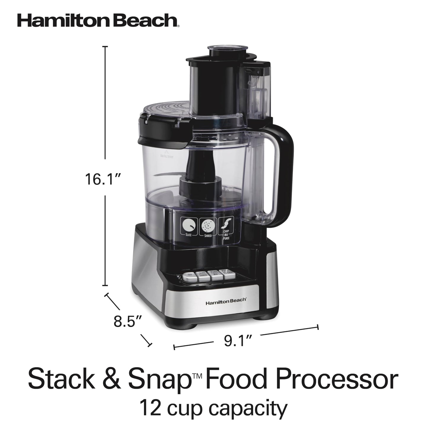 Hamilton Beach Stack & Snap Food Processor and Vegetable Chopper, BPA Free, Stainless Steel Blades, 12 Cup Bowl, 2-Speed 450 Watt Motor, Black (70725A)