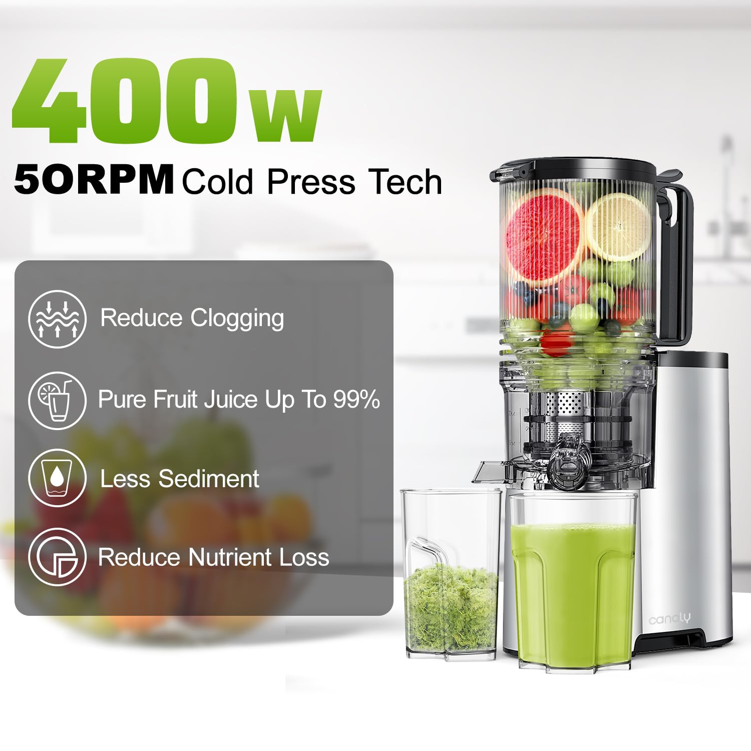 Cold Press Juicer, 5.4" Wide Feed Chute Juicers with 350w Power Motor, Slow Masticating Juicer Machine with High Juice Yield for Whole Vegetables & Fruits, Easy to Clean, Classic Silver