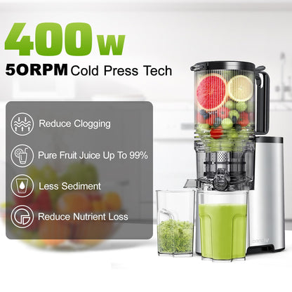 Cold Press Juicer, 5.4" Wide Feed Chute Juicers with 350w Power Motor, Slow Masticating Juicer Machine with High Juice Yield for Whole Vegetables & Fruits, Easy to Clean, Classic Silver