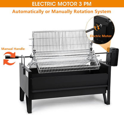 Onlyfire 2 IN 1 Charcoal Grill Rotisserie Kit with 3 Stainless Steel Rotating Baskets and 24 In Grill Grate, Auto Swivel BBQ Roasting Machine for Outdoor Patio Backyard, Multi-functional Camping Grill