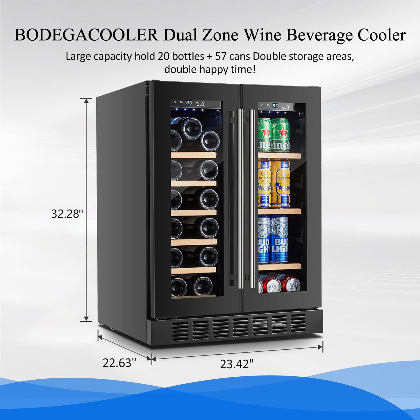 BODEGACOOLER 24 Inch Wine and Beverage Refrigerator, 2 Door Commercial Back Bar Cooler, Dual Zone Wine Cooler Refrigerator, Back Bar fridge for bar, party, Hold 20 Bottles and 57 Cans,LED light,Black.