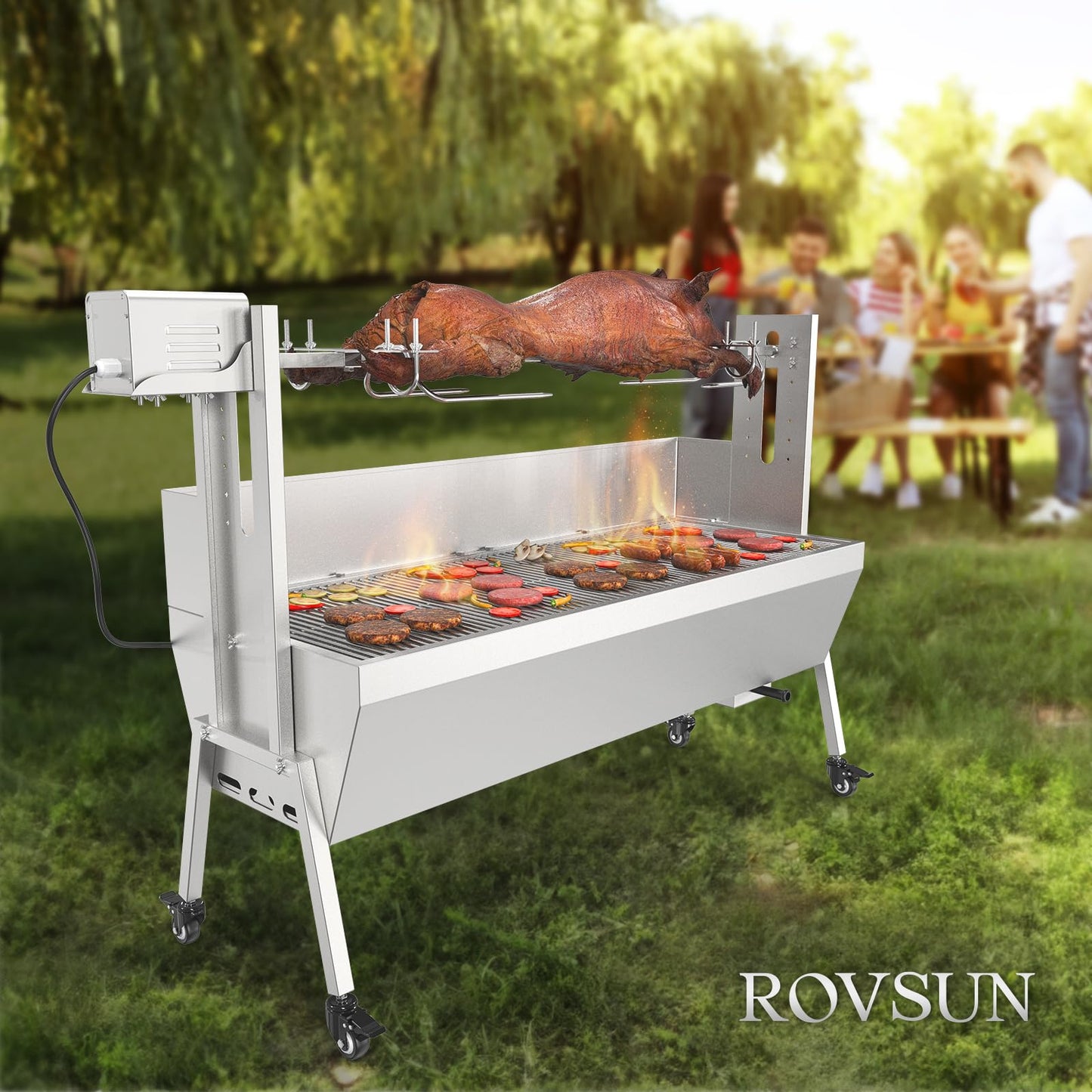 ROVSUN Rotisserie Grill Kit 176 Lbs Capacity, Electric Rotisserie Grill Pig Lamb Spit Roaster Stand w/Lockable Wheels Wind Baffle Adjustable Height, BBQ Spit Rod for Outdoor Party Camping (46")