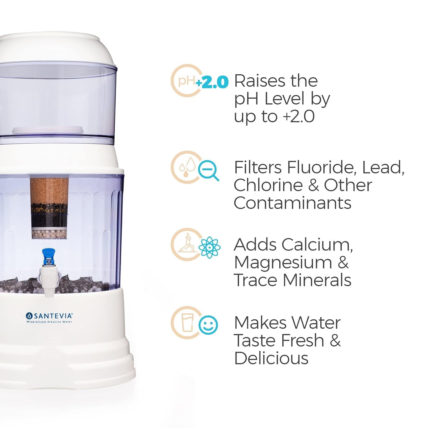 Santevia Gravity Water System Filter | at Home Water Filter That Makes Water Alkaline and Adds Minerals | Chlorine and Fluoride Filter (Countertop Model)