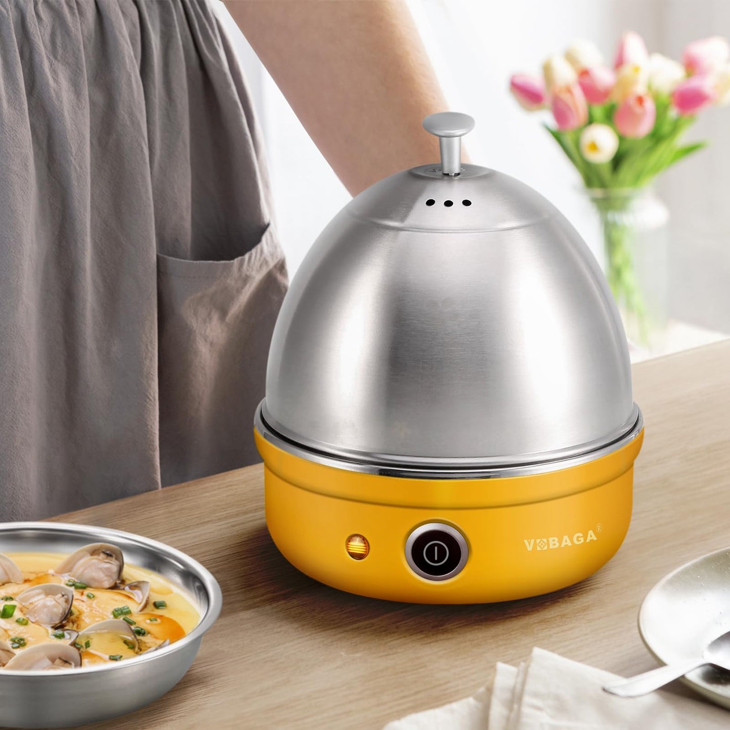 VOBAGA Electric Egg Cooker, Rapid Egg Boiler with Auto Shut Off for Soft, Medium, Hard Boiled, Steamed Eggs, Vegetables and Dumplings, Stainless Steel Tray with 7-Egg Capacity (Yellow)