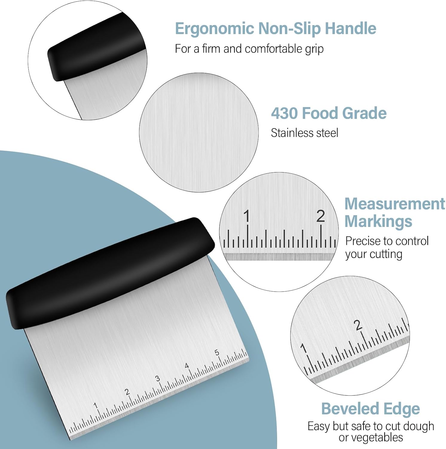 Bench Scraper, Premium Stainless Steel Dough Scraper with 2 PCS Flexible Bowl Scraper, Dough Cutter with Measuring Scale, Versatile Kitchen Scraper Set for Pastry Bread Pizza Cake