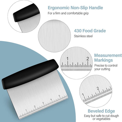 Bench Scraper, Premium Stainless Steel Dough Scraper with 2 PCS Flexible Bowl Scraper, Dough Cutter with Measuring Scale, Versatile Kitchen Scraper Set for Pastry Bread Pizza Cake