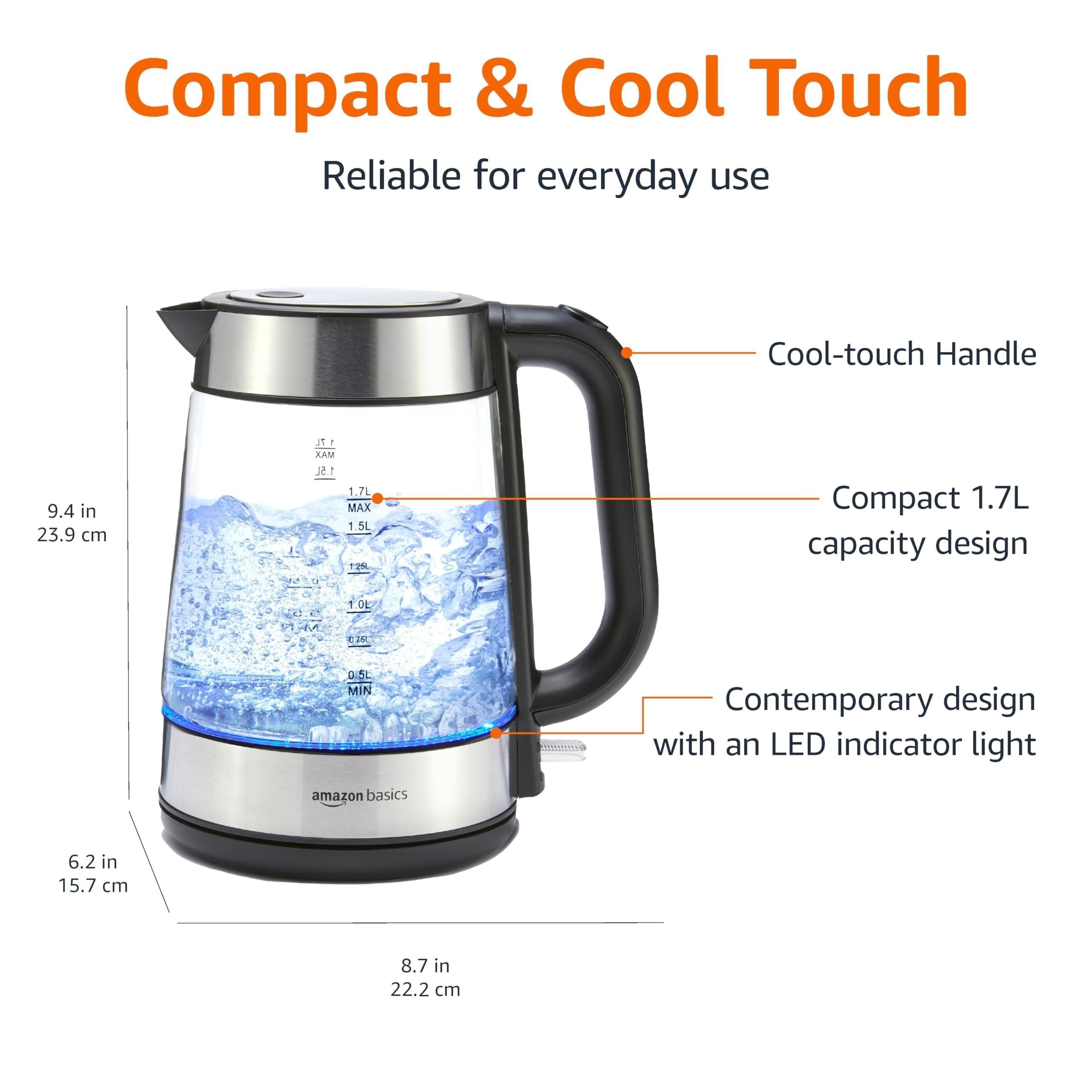 Czajnik elektryczny Amazon Basics Glass Carafe, 1,8 kwarty (1,7 l), 1500 W, bez BPA, czarny i srebrny