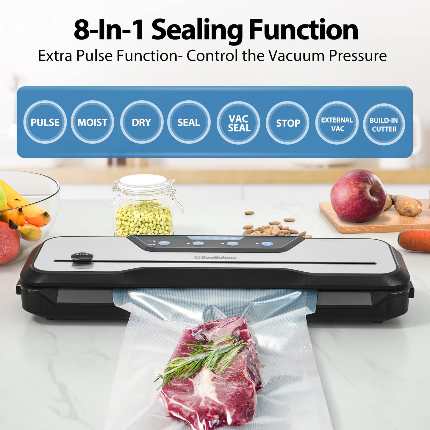 Vacuum Sealer Machine, with Starter Kit and 2-Year Warranty, Beelicious Automatic Air Sealing for Food Storage, Build-in Cutter, Moist Mode, EXT-VAC