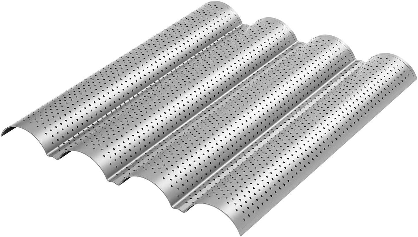 2 Pack Nonstick Perforated Baguette Pan 15" x 13" for French Bread Baking 4 Wave Loaves Loaf Bake Mold Oven Toaster Pan (Silver)