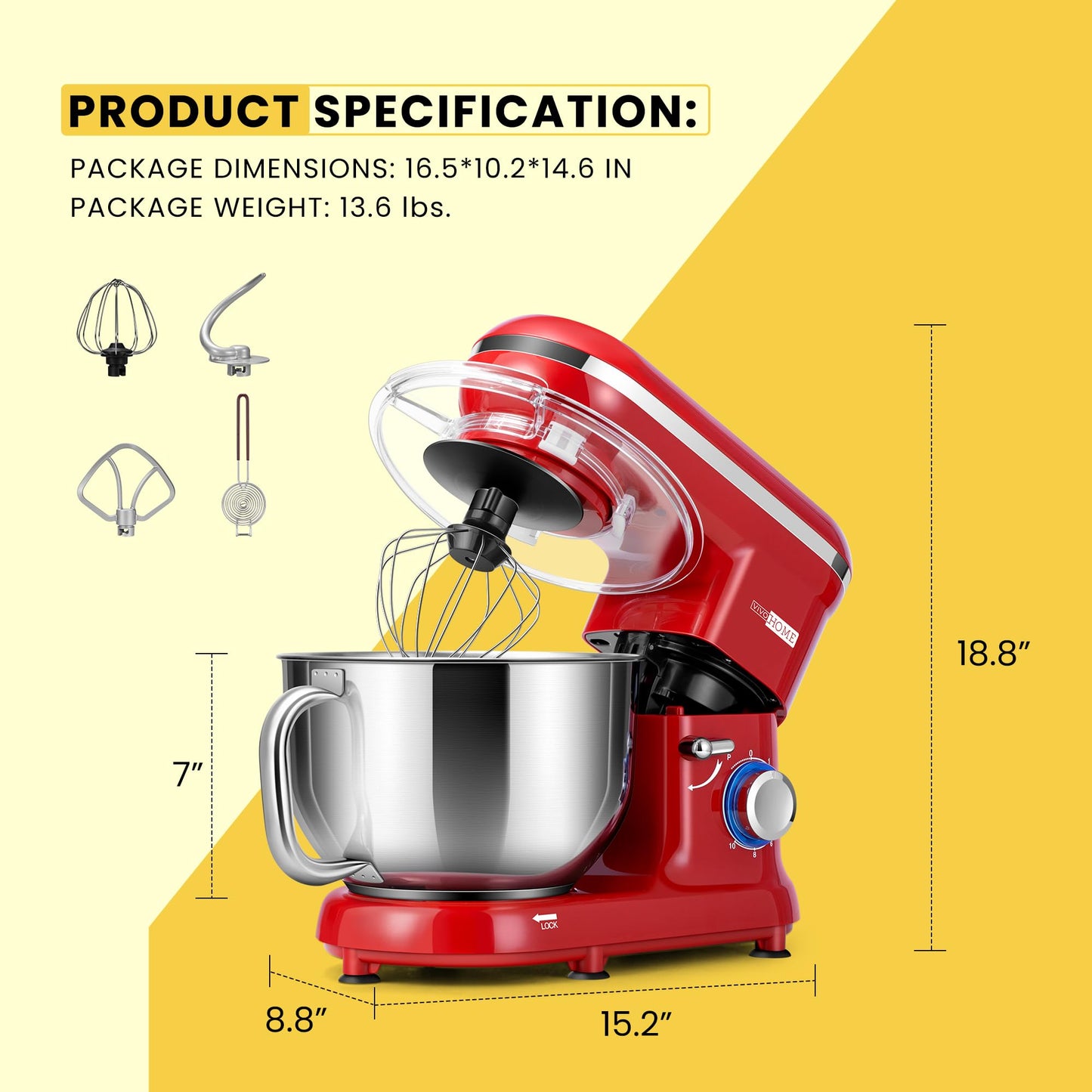 VIVOHOME Stand Mixer, 660W 10 Speed 6 Quart Tilt-Head Kitchen Electric Food Mixer with Beater, Dough Hook, Wire Whip and Egg Separator, Red