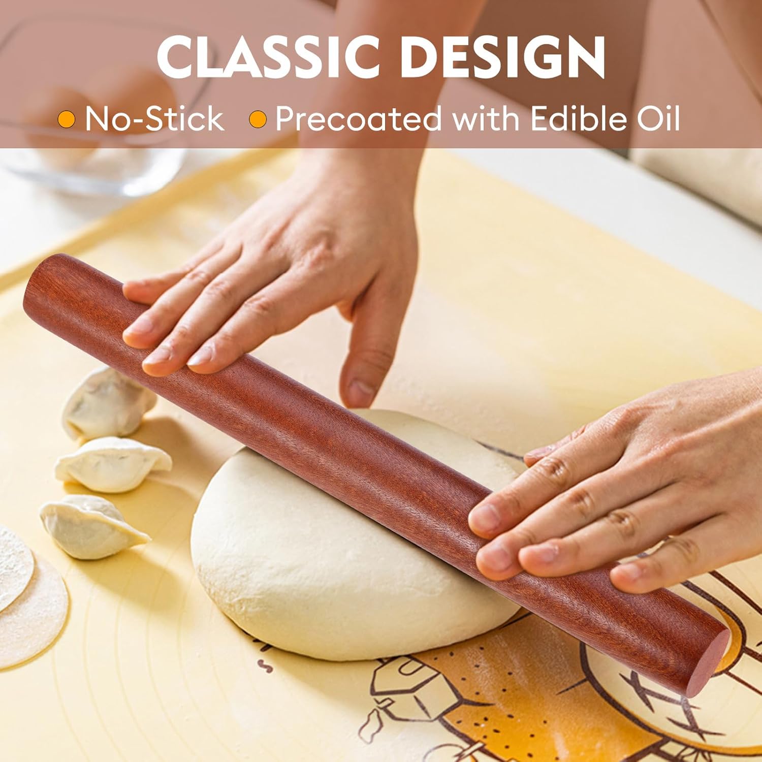 Wood Rolling Pin (15.75 Inches), Non-Stick Rolling Pin for Baking, Natural Sapele Wood Dough Roller for Pizza, Fondant, Pie, Cookie, Pastry, Essential Kitchen Tool