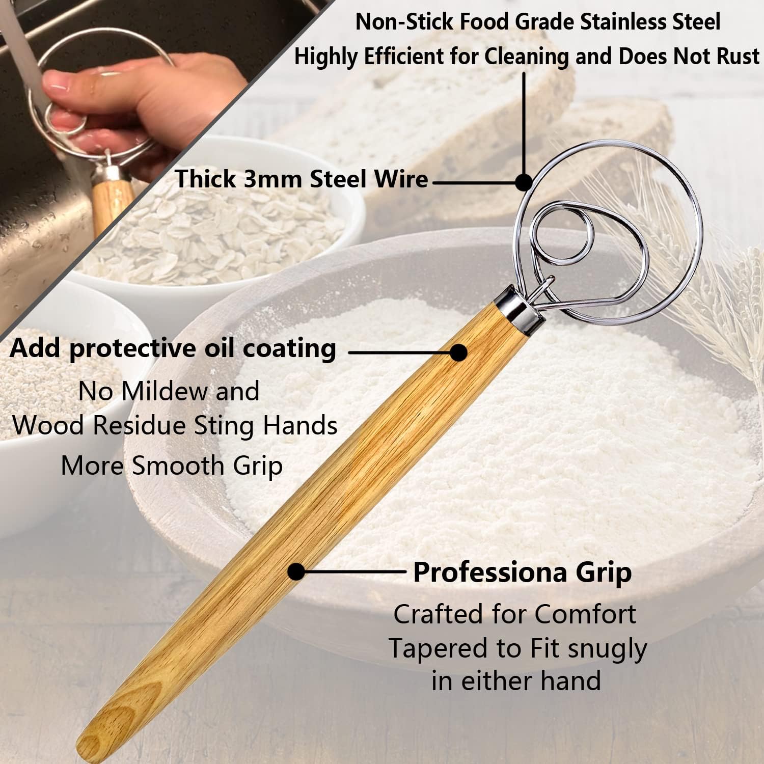 Danish Dough Whisk, Dutch Style Bread Whisk For Sourdough Cooking Kitchen with Stainless Steel Danish Sourdough Whisks Bread Mixer 13" and Dough Scraper