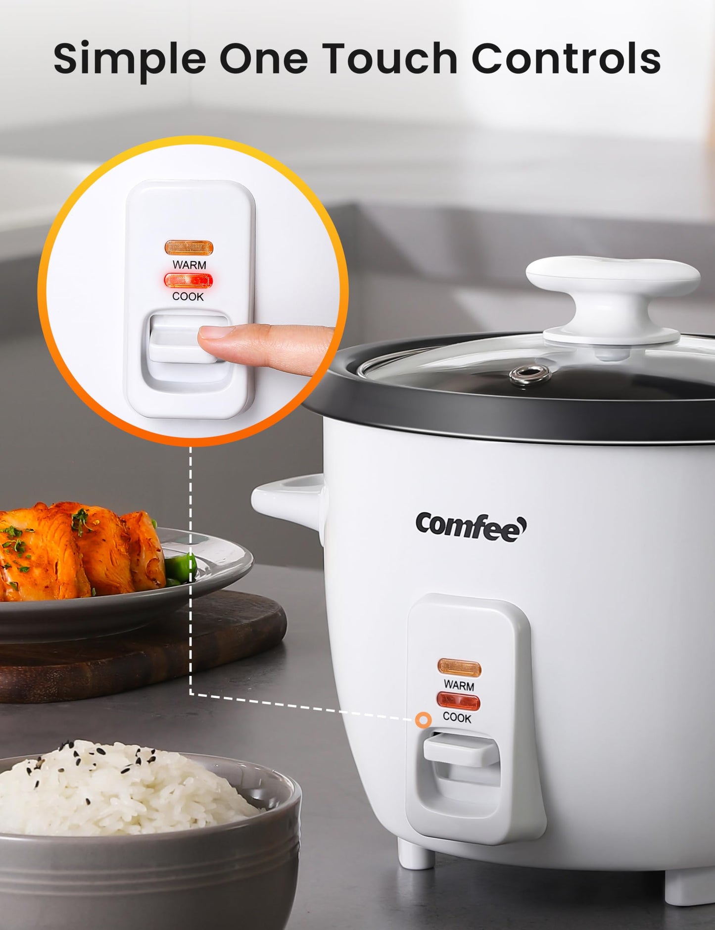 COMFEE' Rice Cooker, 6-Cup Cooked/3-Cup Uncooked, Removable Non-Stick Bowl, for Soups, Stews, Grains&Oatmeal, One Touch, White