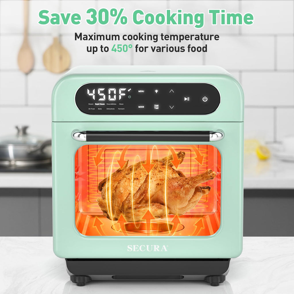 Piekarnik parowy Secura Multifunction Air Fryer, 13 Quart Compact Oven z funkcją pieczenia konwekcyjnego, Airfryer, Rapid Steam, Ferment, Dehydrator Combo, odżywczy i pyszny parowar do gotowania (Mięta zielona)