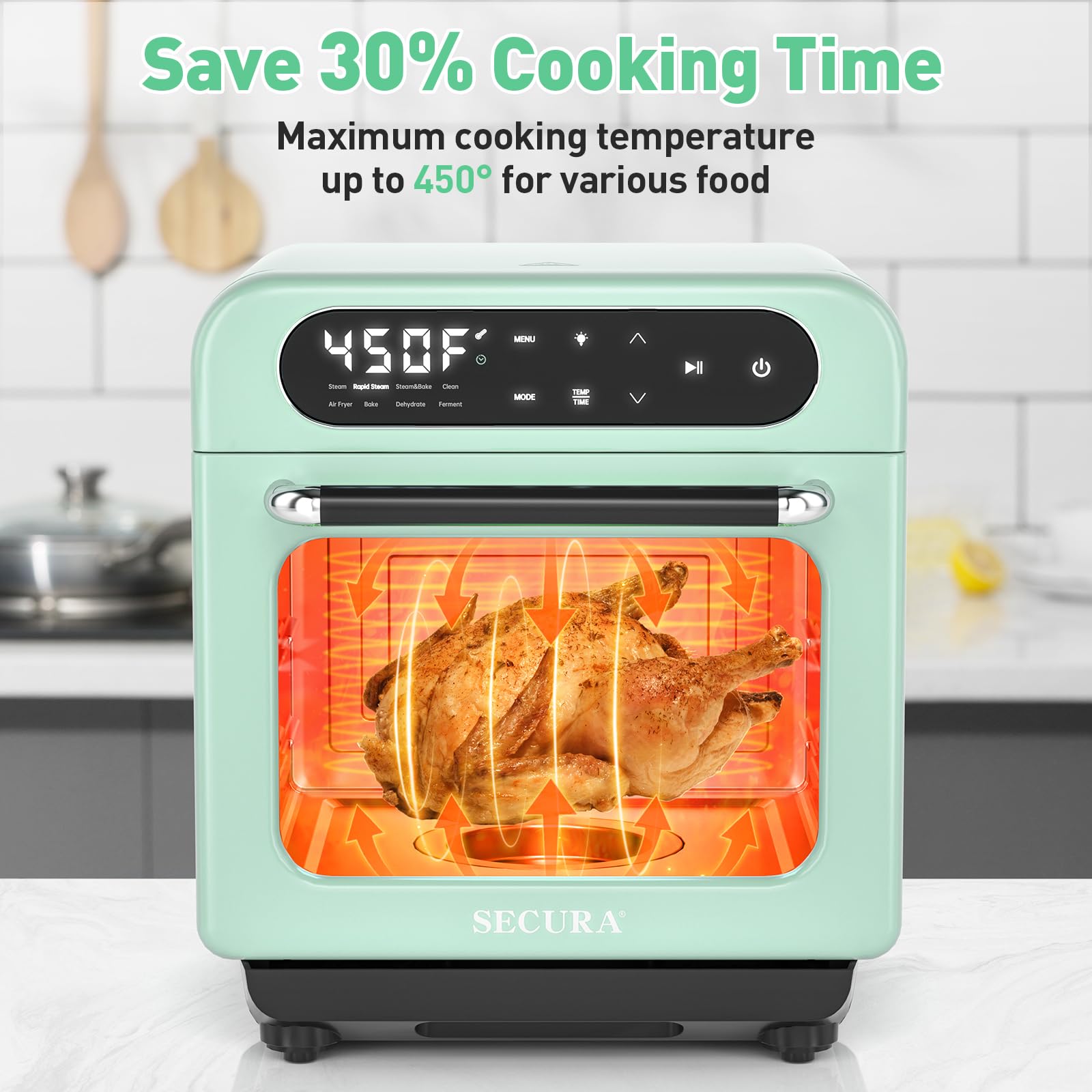 Piekarnik parowy Secura Multifunction Air Fryer, 13 Quart Compact Oven z funkcją pieczenia konwekcyjnego, Airfryer, Rapid Steam, Ferment, Dehydrator Combo, odżywczy i pyszny parowar do gotowania (Mięta zielona)