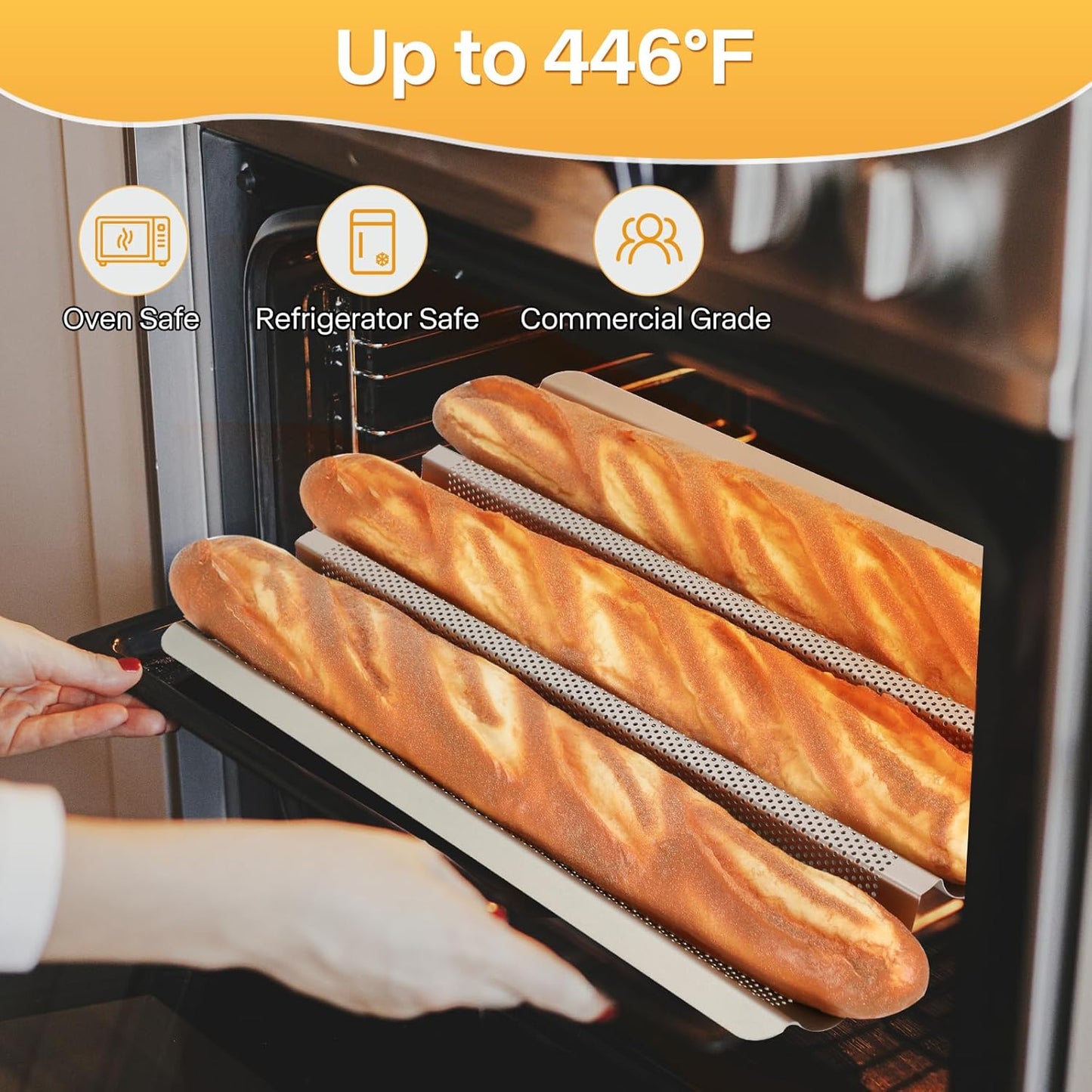 Baguette Bread Pan, Perforated French Bread Baking Pan, Nonstick 3 Loaf Bread Pans for Baking, with Baguette Kit – Includes Proofing Cloth & Dough Cutter, 15x11 Inch Gold