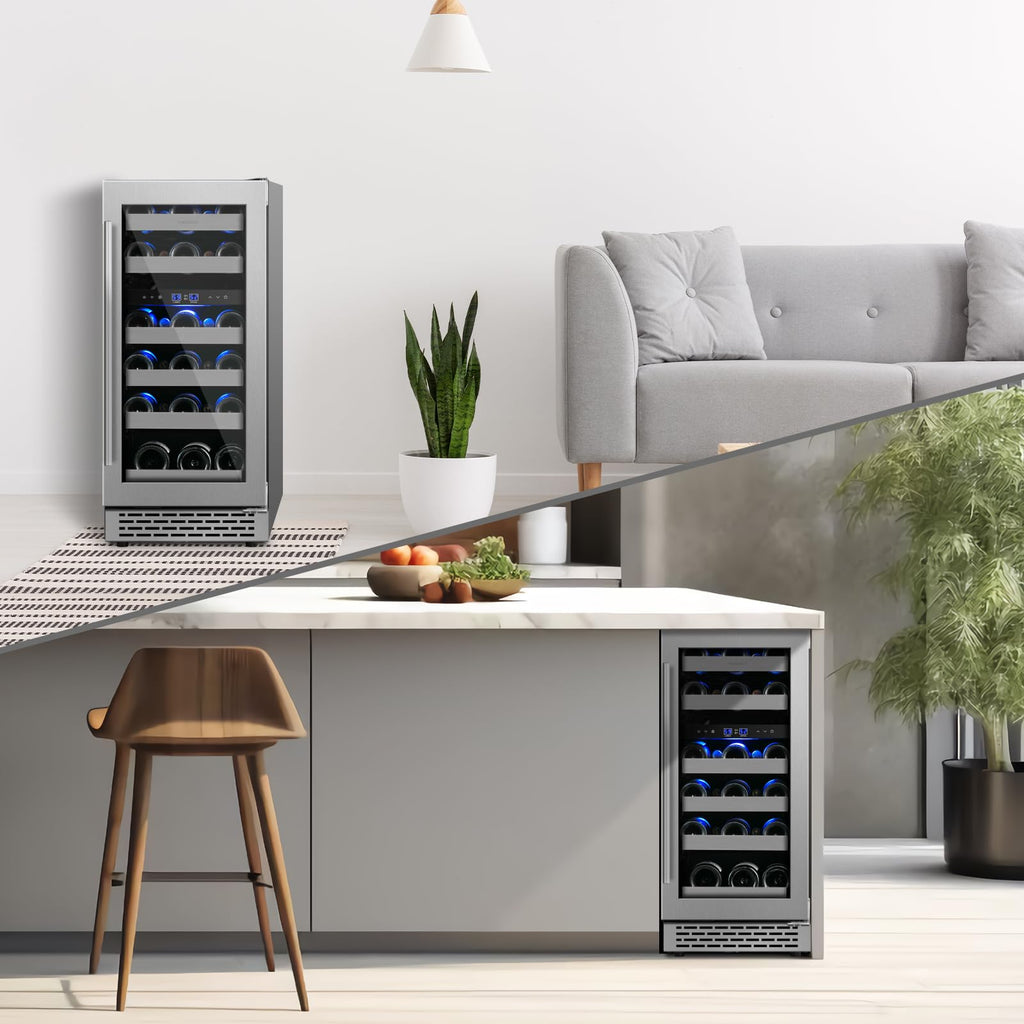 VINECOLD 15 Inch Wine Fridge Under Counter, Dual Zone 28 Bottle Wine Cooler Refrigerator, Seamless Reversible Door,New Upgrade Built-in/Freestanding Wine Cooler for Home and Kitchen