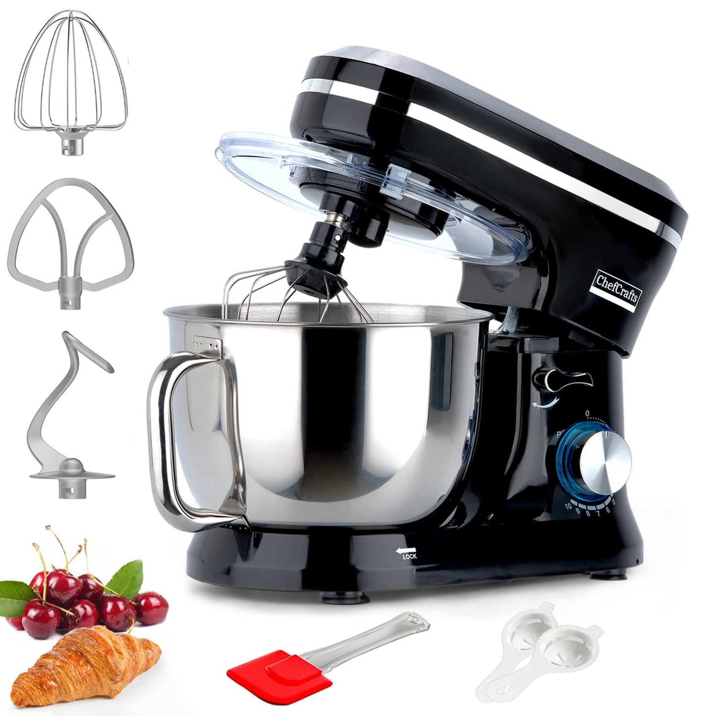 Electric Stand Mixer with 6.5 Quart Bowl, Household Food Mixer 10+p Speeds 660W, Kitchen Tilt-Head Bread Dough and Cake Mixers with Dough Hook, Whisk, Beater, Splash Guard and Egg Separator (Black)