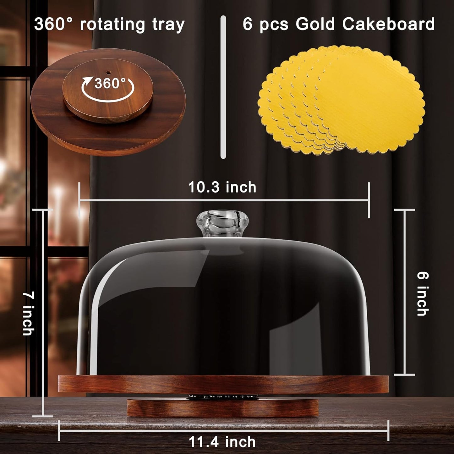 jkwokback Cake Stand with Acrylic Dome, Rotating Cake Plate Acacia Wood Cake Stand with Acrylic Lid, Cake Decorating Turntable for Baking Gifts, Birthday Kitchen Party, Weddings