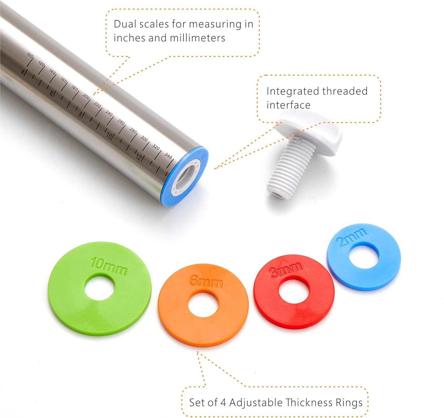 Rolling Pin with Thickness Rings, Fulimax 17" Adjustable Stainless Steel Rolling Pins for Baking, Dough Roller for Fondant Pizza, Pie, Pasta, Cookies, Cakes, Kitchen Baking Supplies