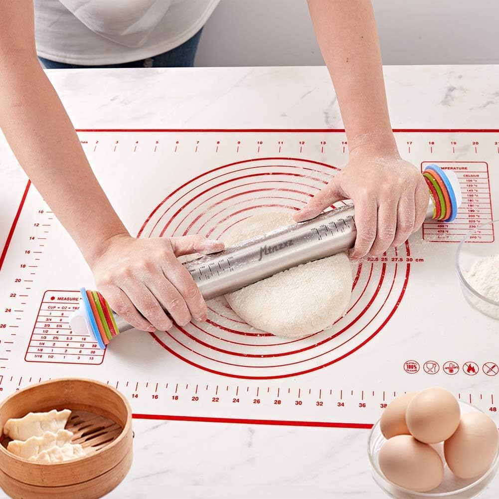 Rolling Pin and Silicone Baking Pastry Mat Set, Stainless Steel Dough Roller, Rolling Pins with Adjustable Thickness Rings, for Baking Fondant, Pizza, Pie, Pastries, Pasta, Cookies