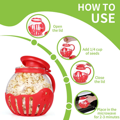 MMUGOOLER Glass Microwave Popcorn Popper, 2.25QT Original Popcorn Jar with Silicone Lid, Without BPA, Dishwasher Safe- Red