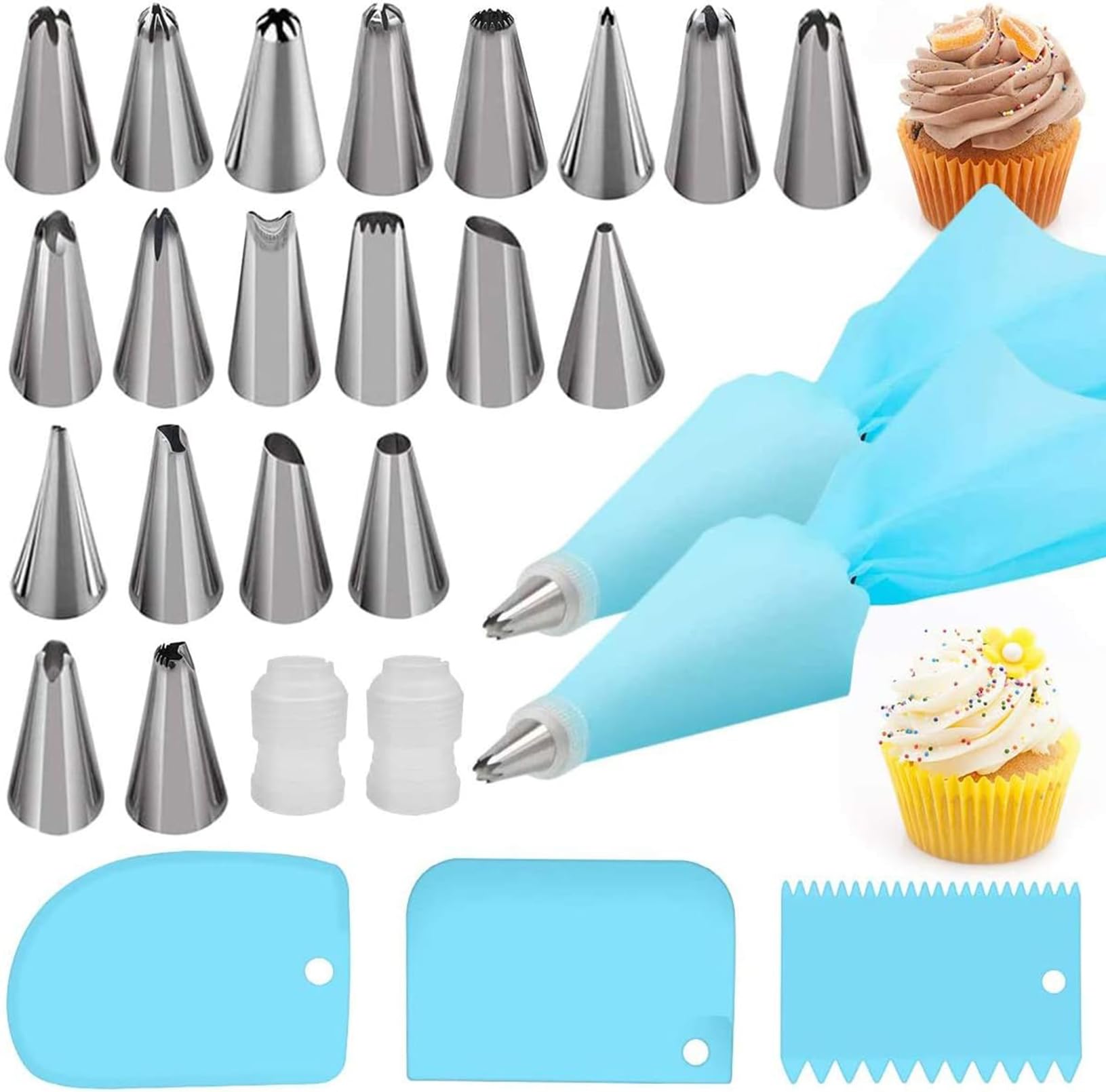 Silicone Icing Piping Bag,Reusable Cream Pastry Bag and 14× Stainless Steel Nozzle Set DIY Cake Decorating Tool(14×Nozzle, 2×Icing Cream Pastry Bag and 2 X Converter and 3×Scraper) [Energy Class A+]