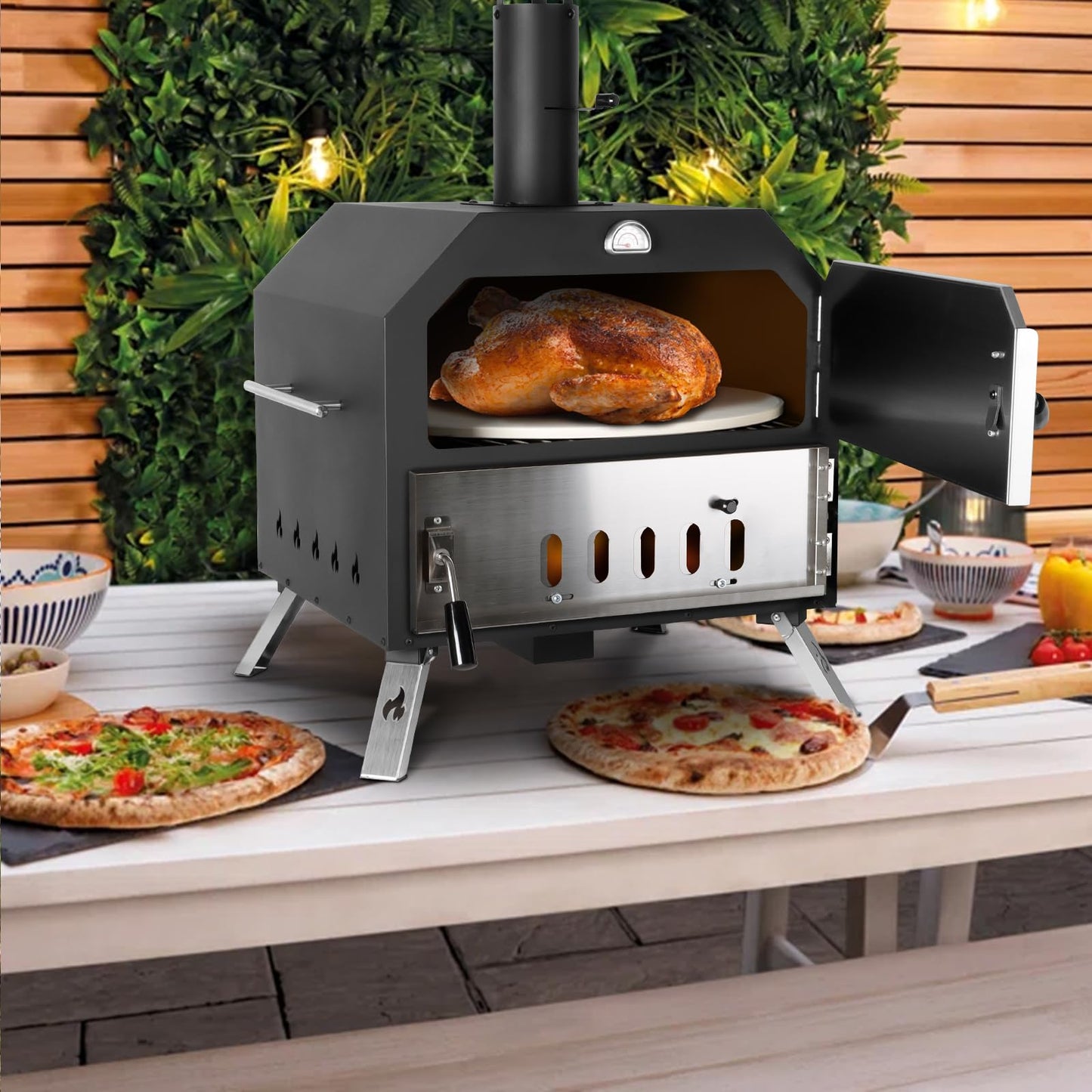 15’’ Outdoor Pizza Oven Wood Fired Pizza Oven Portable Patio Ovens Included Pizza Stone, Pizza Peel, Fold-up Legs, Cover Cooking Rack for Camping Backyard BBQ