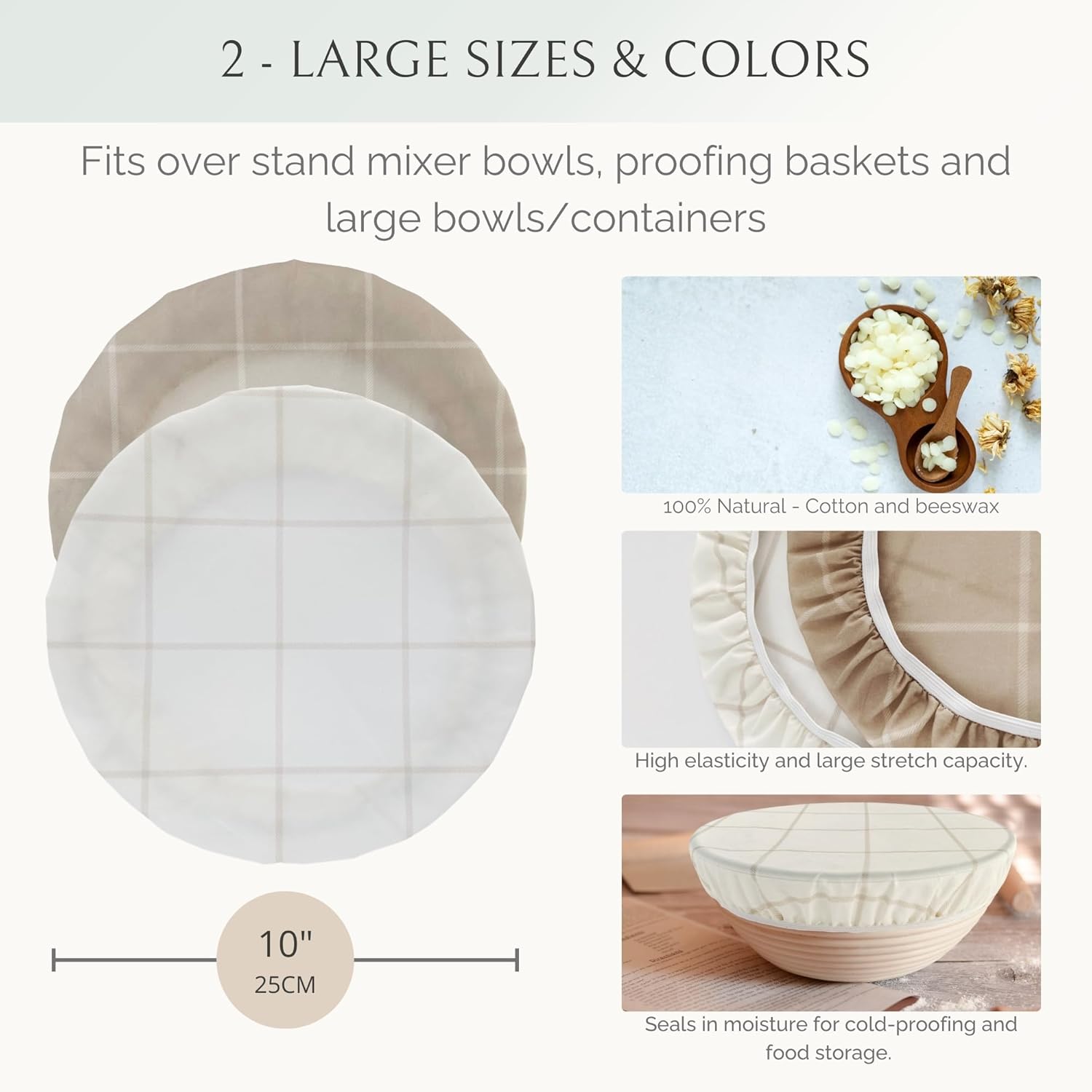 Nectar & Nest Reusable Bowl Covers for Bread Proofing (2 Lg) - Beeswax Bowl Covers Reusable, 100% Organic Cotton, Elastic Cover for Sourdough, Dough Proofing and Food Storage, Compostable