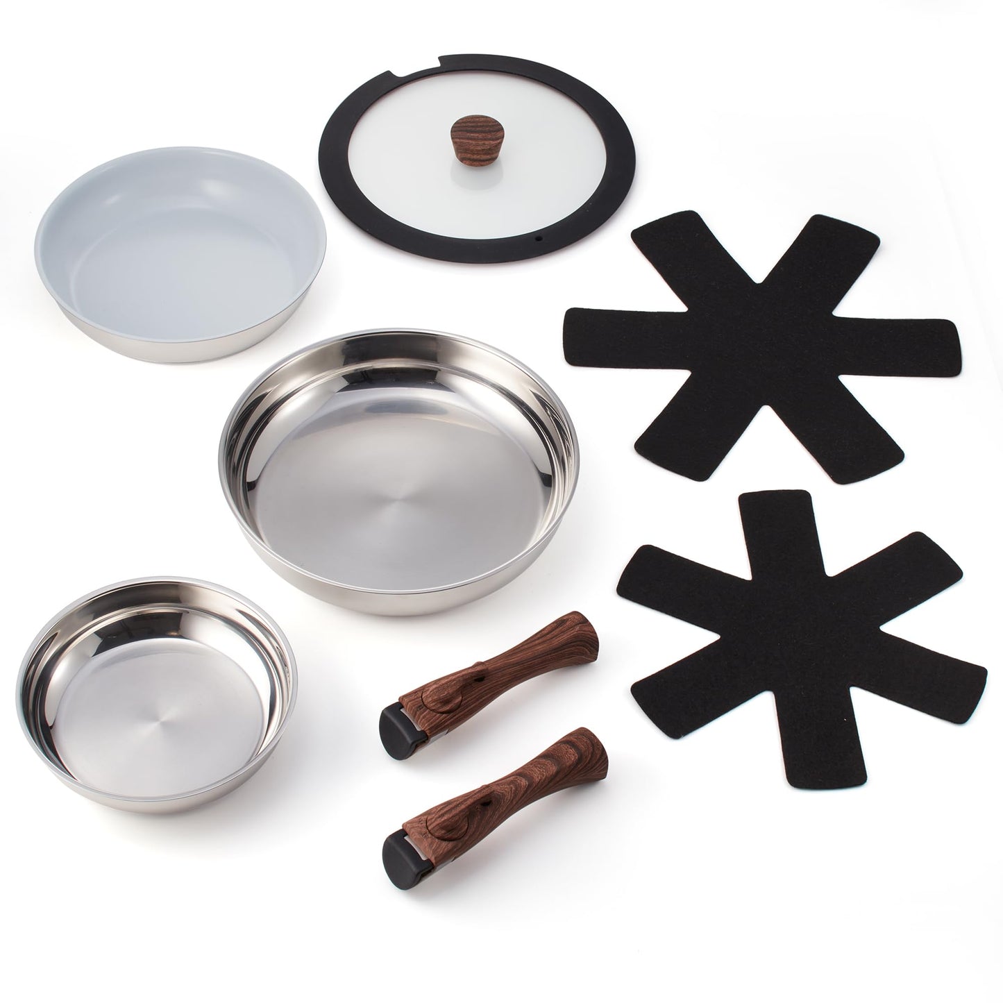 Ergo Chef Pro Series 8pc Smart Pan Set, Removable Handles, space-saving for kitchens, RVs & Camping Compatible with electric, gas & induction stoves, stainless steel pans & ceramic, PTFE & PFOA free