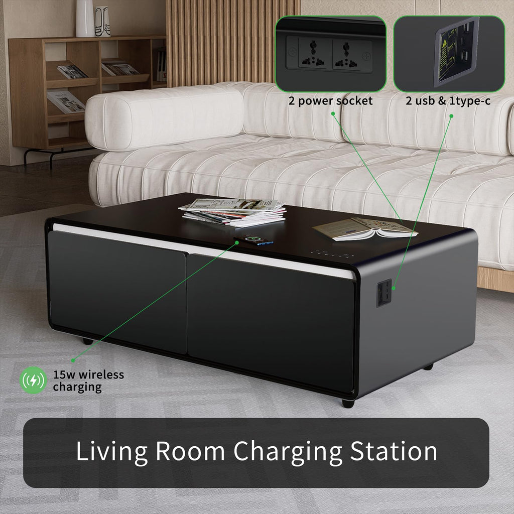 ACCOER 51in Smart Coffee Table with Built in Fridge, Living Room Table Bluetooth Sound and Wireless Charging, Type-C & USB Interface, Temperature Control, Modern Center Table with LED