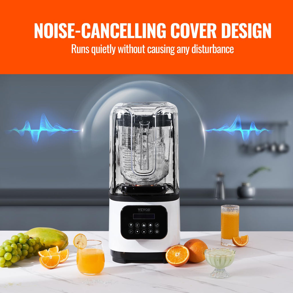 Blender VEVOR Professional z osłoną, Blendery do użytku komercyjnego, Blender kombinowany o pojemności 68 uncji, Blender ze stali nierdzewnej, 9 prędkości i 5 funkcji, do koktajli, smoothie, koktajli i kruszenia lodu, biały