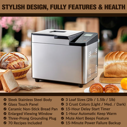 Briskind Bread Maker Machine with Ceramic Nonstick Pan, 19 Menus, 2 Pound Stainless Steel Breadmaker with Glass Touch Panel, Gluten Free, Sourdough Starter, Custom Setting, 3 Loaf Sizes & Crust Colors