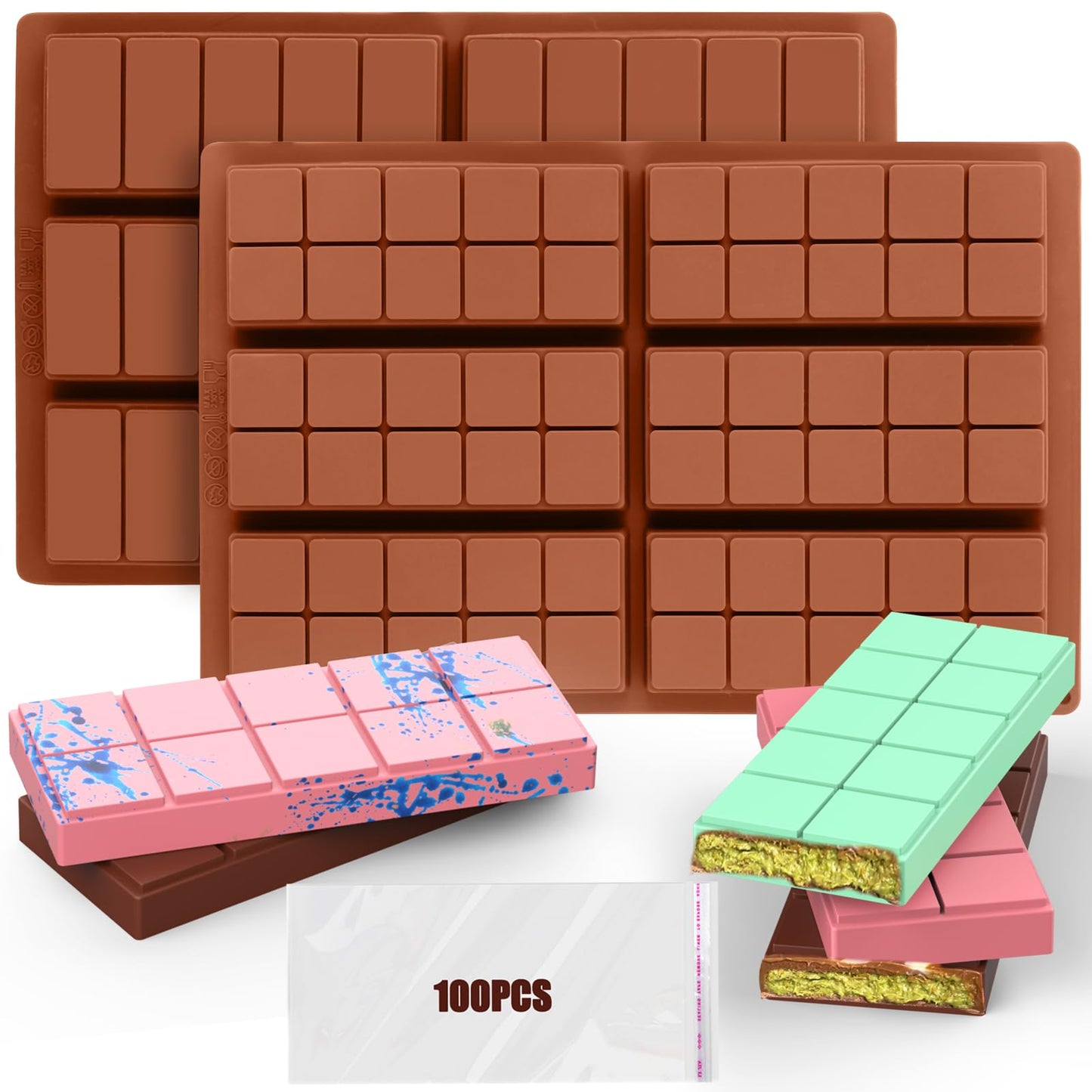 Palksky (2 Pcs) 8 Cavity Rectangle Granola Bar Silicone Mold/Nutrition/Cereal Bar Molds Energy Bar Maker for Chocolate Truffles Ganache Bread Brownie Cornbread Cheesecake Pudding Butter Mould