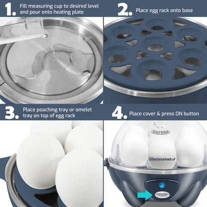 Elite Gourmet Easy Electric 7 Egg Capacity Soft, Medium, Hard-Boiled Cooker Poacher, Scrambled, Omelet Maker with Auto Shut-Off and Buzzer, BPA Free