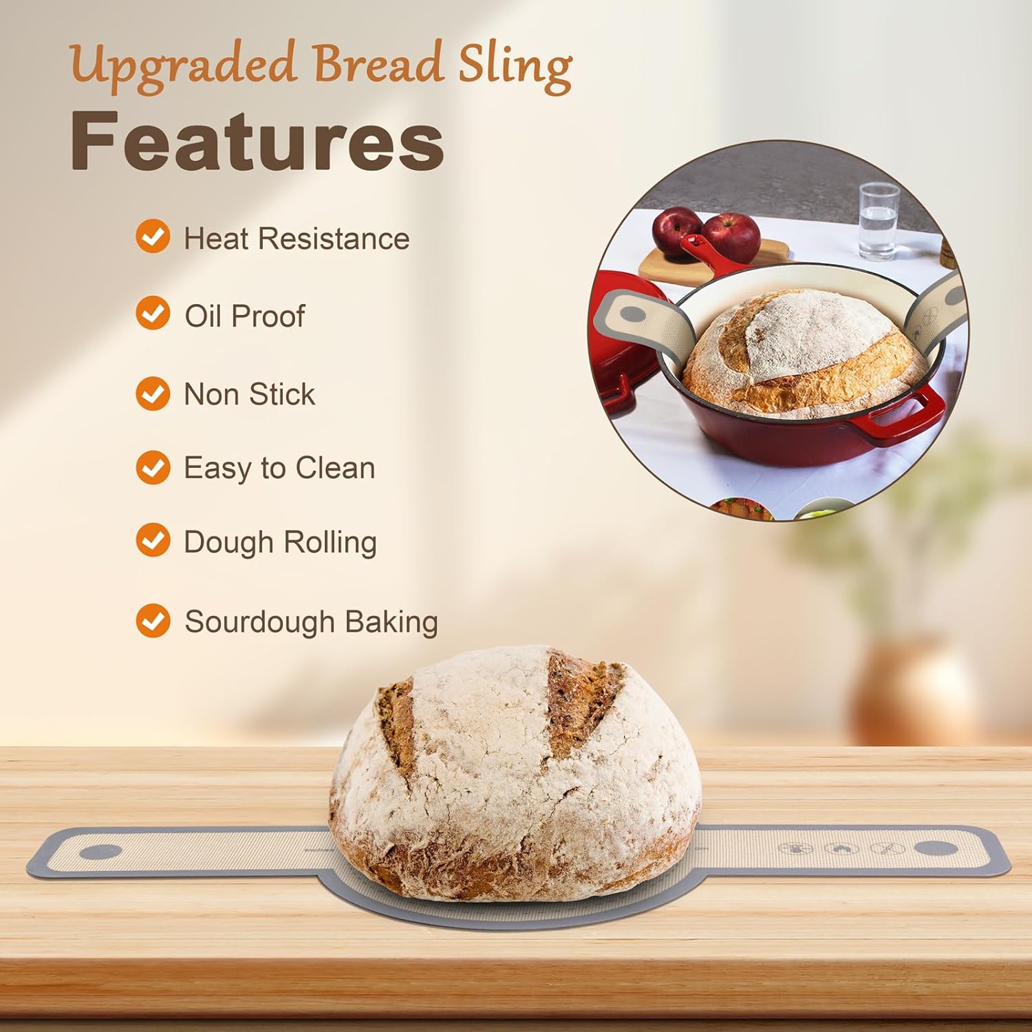 Silicone Bread Sling for Dutch Oven, 2 Pcs Non-Stick & no objectional odor Bread Baking Mat Set, antislip Reusable Bread Sling with Long Handle to Transfer Sourdough, large, Gray