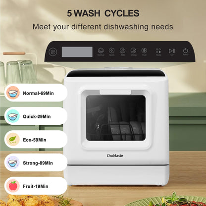 ChuMaste countertop dishwasher, countertop dishwasher with water tank, dishwasher with 5 wash programs, It can also be connected to the tap. For apartments, dorms, RVs