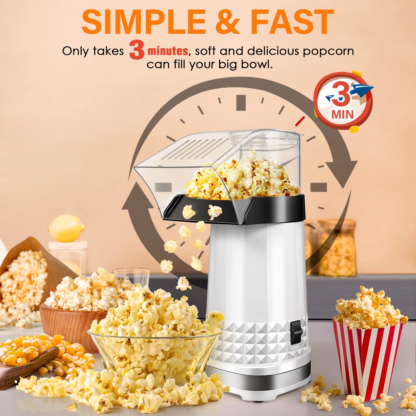 Fast Hot Air Popcorn Popper Maker, Electric Popcorn Machine with Measuring Cup, No Oil, Easy to Clean & Maintain, Popcorn Machines for Home Family Party | White