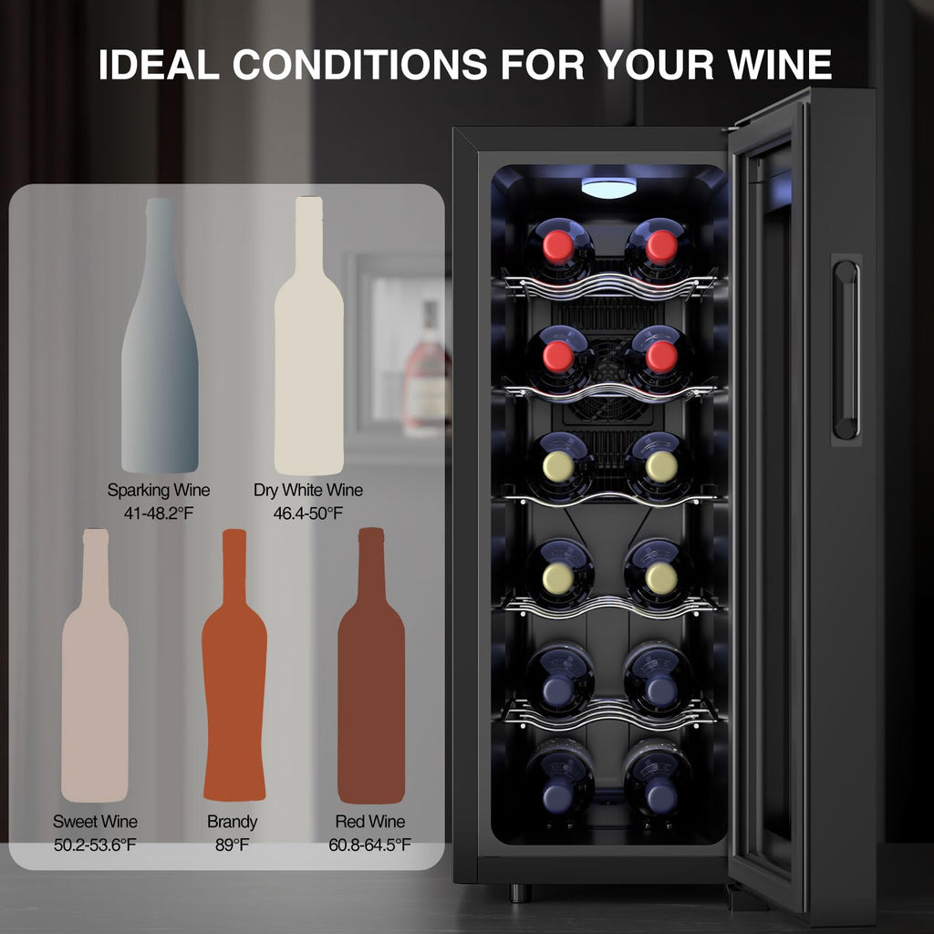 Luztolent 12 Bottles Wine Fridge, Wine Cooler Refrigerator, 46-66℉ Digital Temperature Control & Double-chip Cooling System, 38dB Low Noise, Small Fridge for Kitchen, Condo, RV